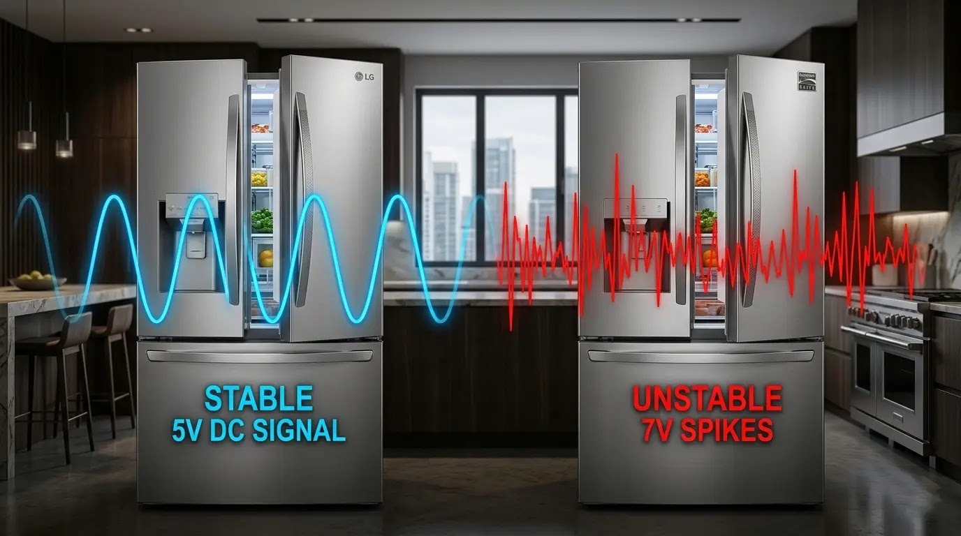 Comparison of LG stable 5V signal vs Kenmore 795 unstable 7V voltage spikes.
