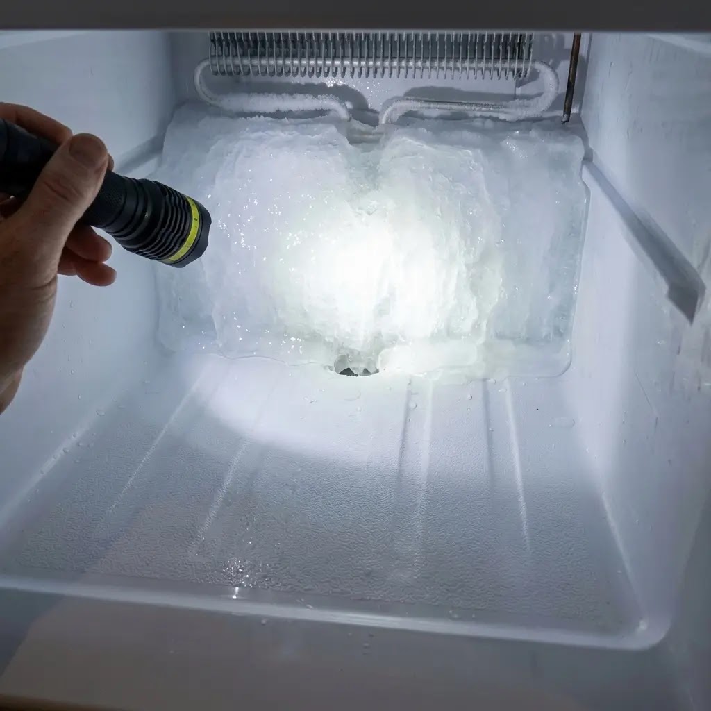 Ice buildup in the bottom of a Samsung freezer causing 5E drain error code.