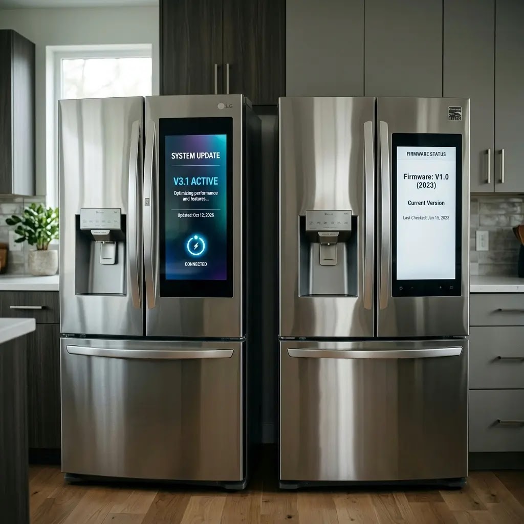 Side-by-side of an original LG with active OTA updates vs. a software-locked Kenmore unit.