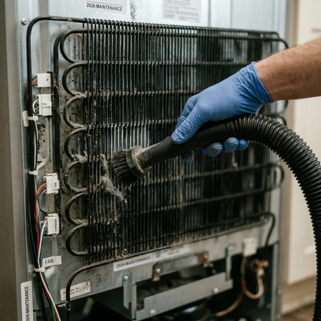Professional technician cleaning LG refrigerator condenser coils for longevity.