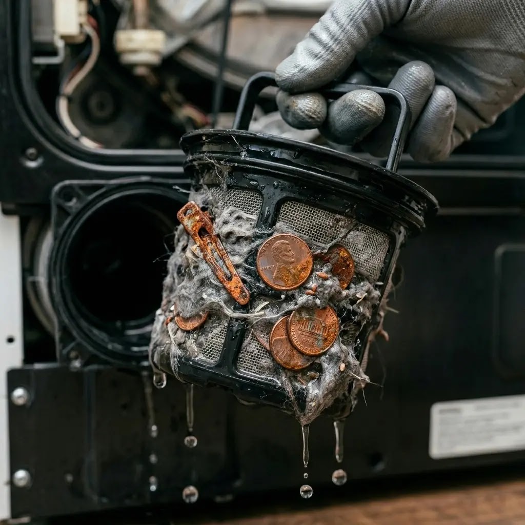 A clogged washing machine drain pump filter containing coins and rusted hair clips