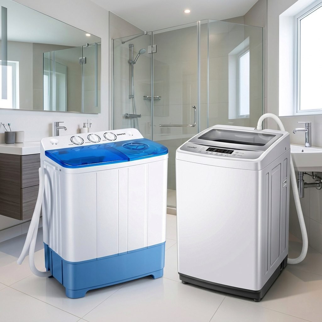Comparison of Giantex twin tub and Comfee automatic portable washing machines in a small apartment.