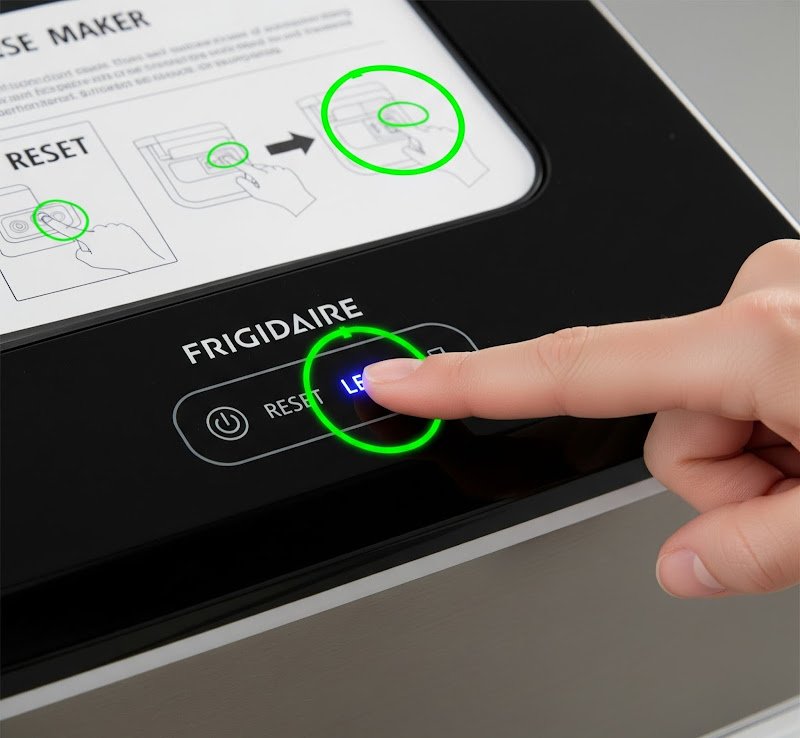 Ice maker reset process with button and wiring panel visible