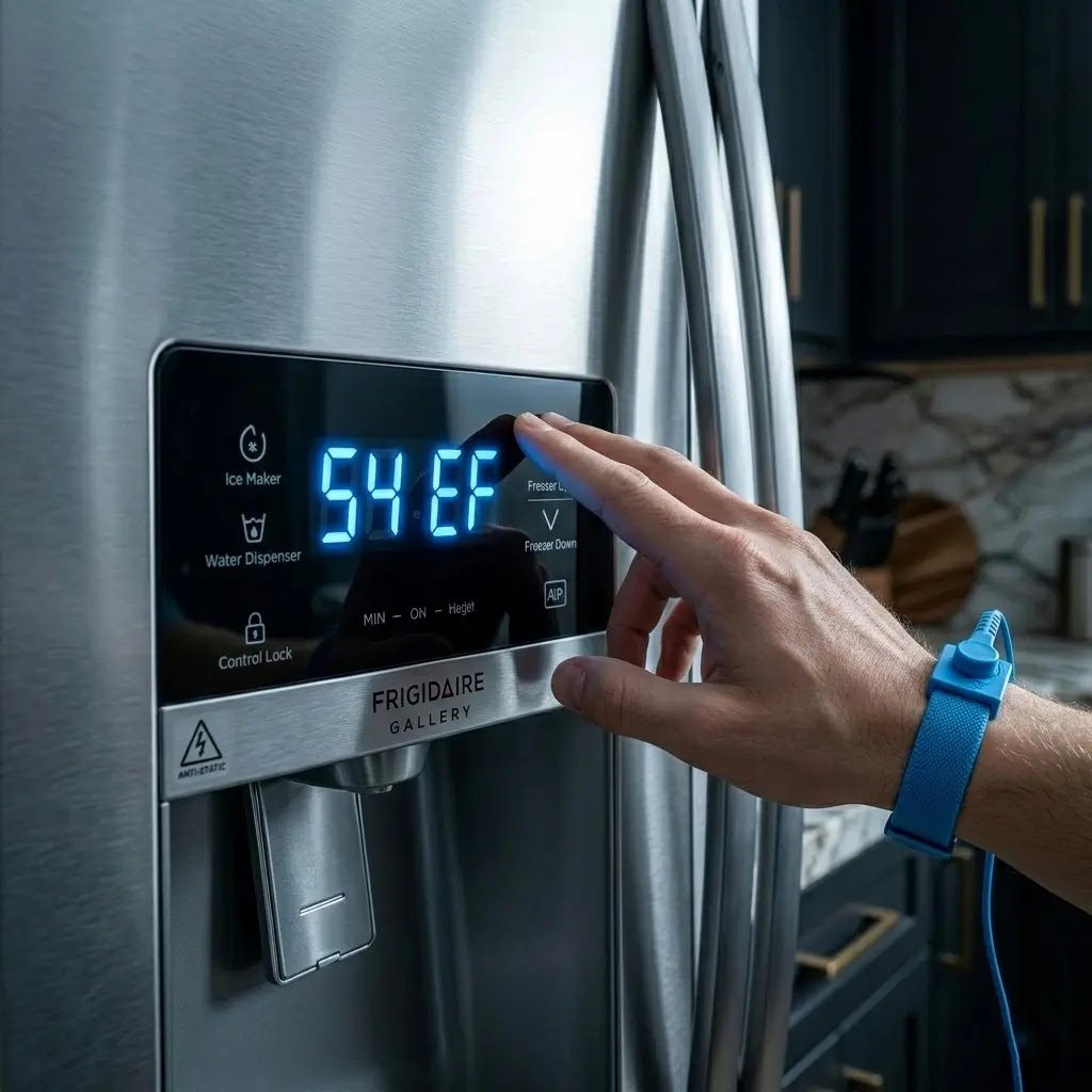 A human hand with an ESD strap pressing the Freezer temperature buttons on a sleek Frigidaire Gallery touch panel.