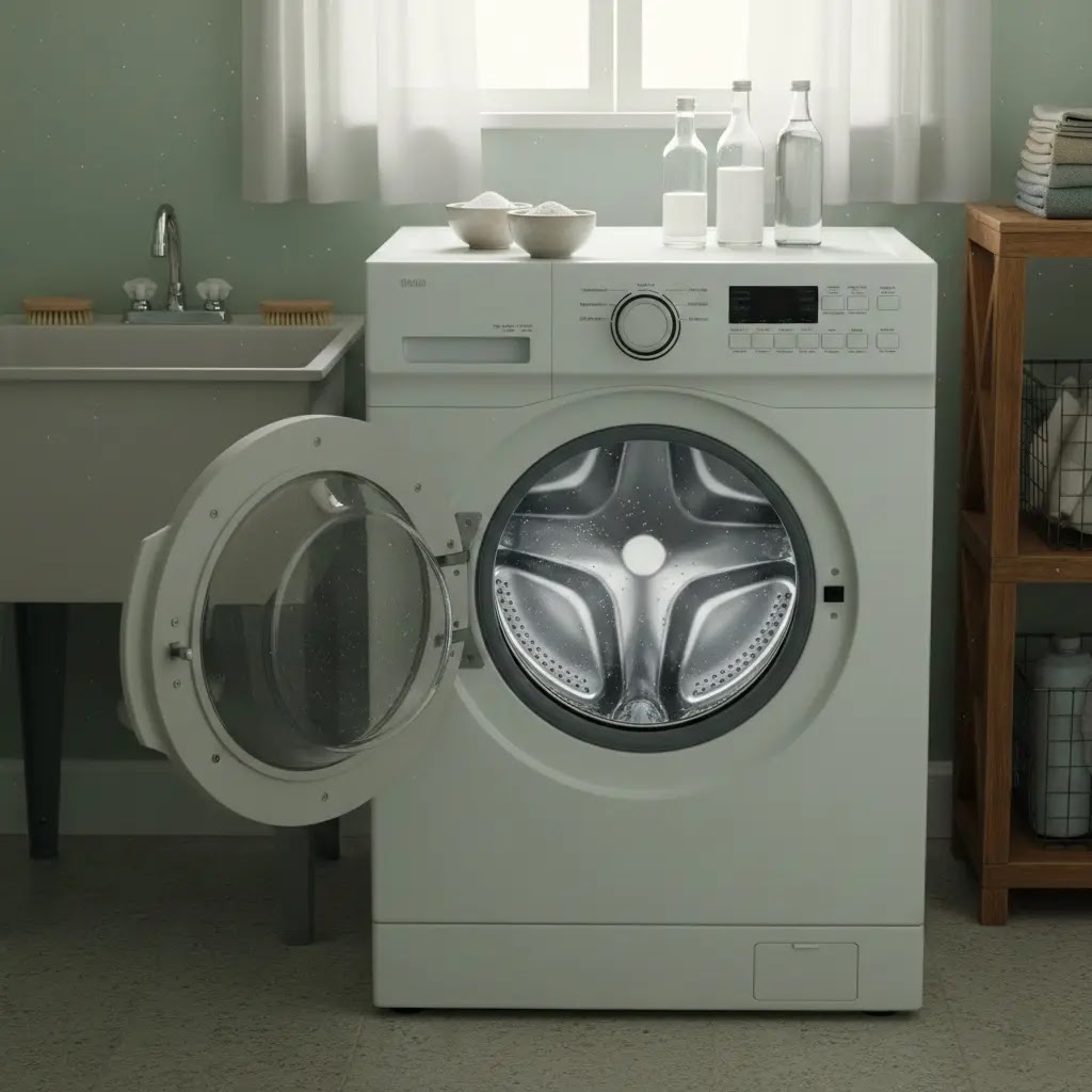 Affordable washing machine cleaning setup with open drum and homemade cleaners.