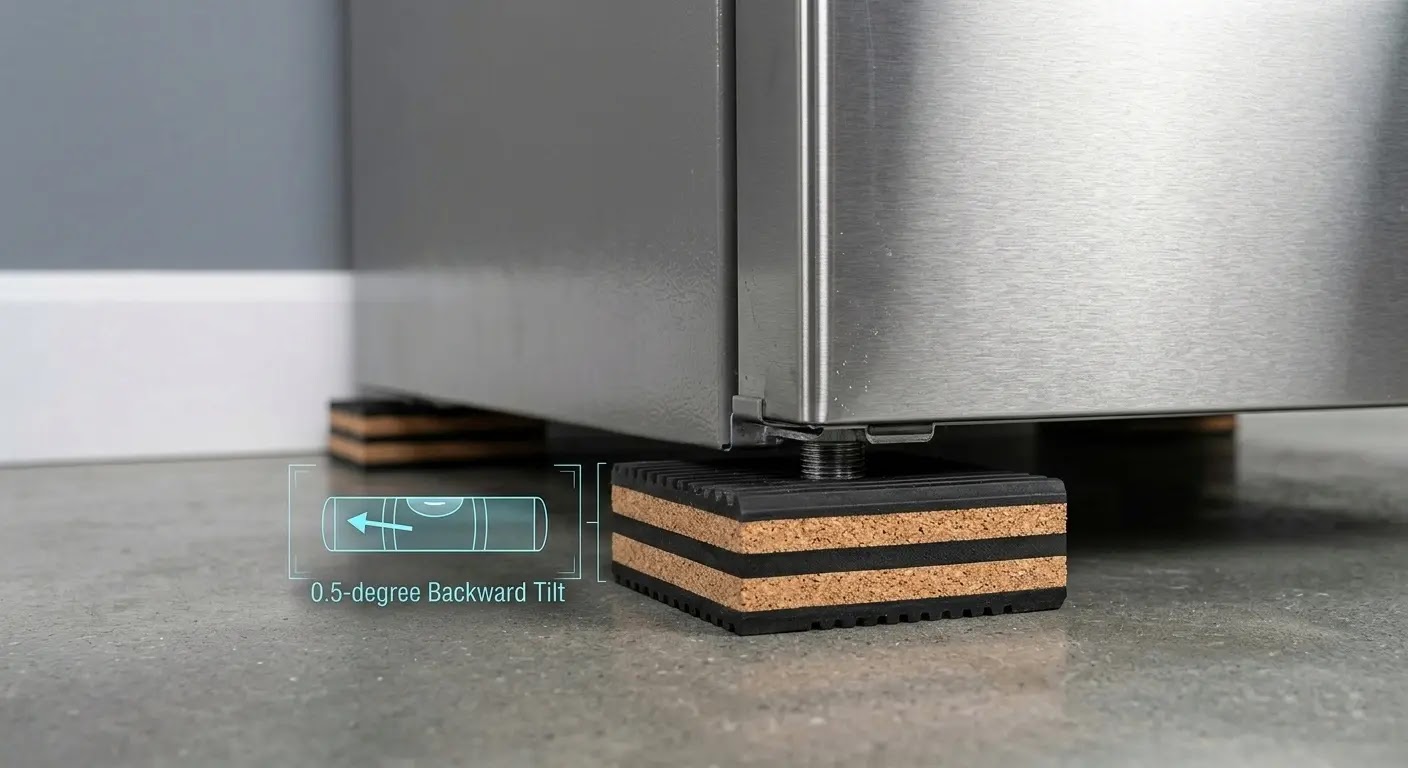Heavy-duty rubber and cork pads installed under refrigerator leveling legs