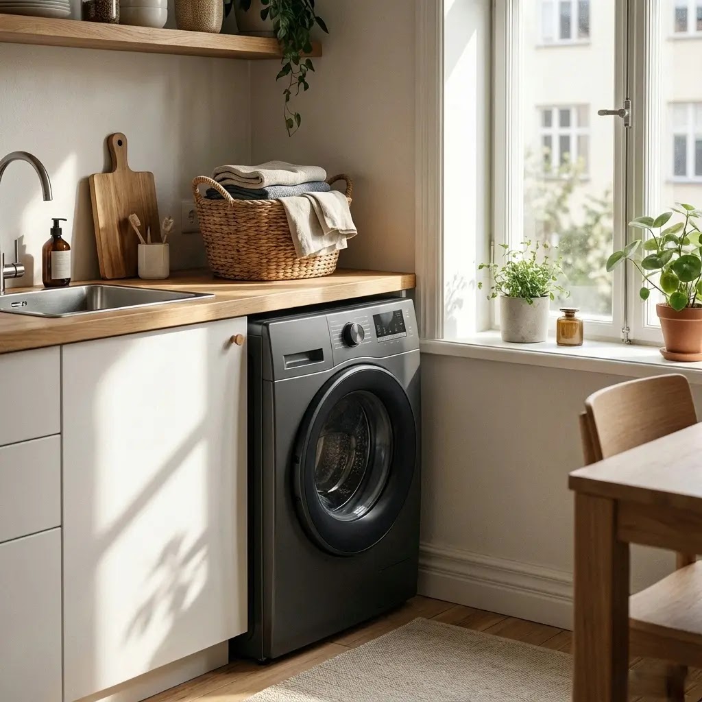 Modern portable washer dryer combo in a small apartment kitchen.