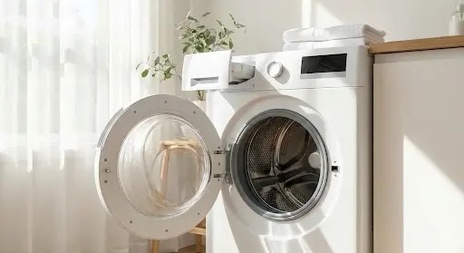 Washing machine cleaner tablet dissolving in drum for deep cleaning.