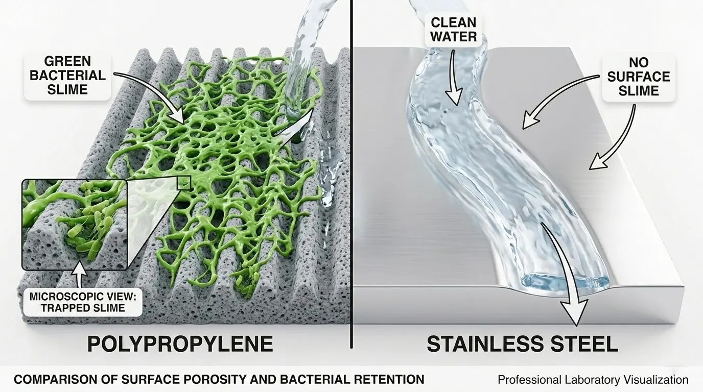 SEM microscopy comparison of bacteria growth on plastic vs stainless steel drum