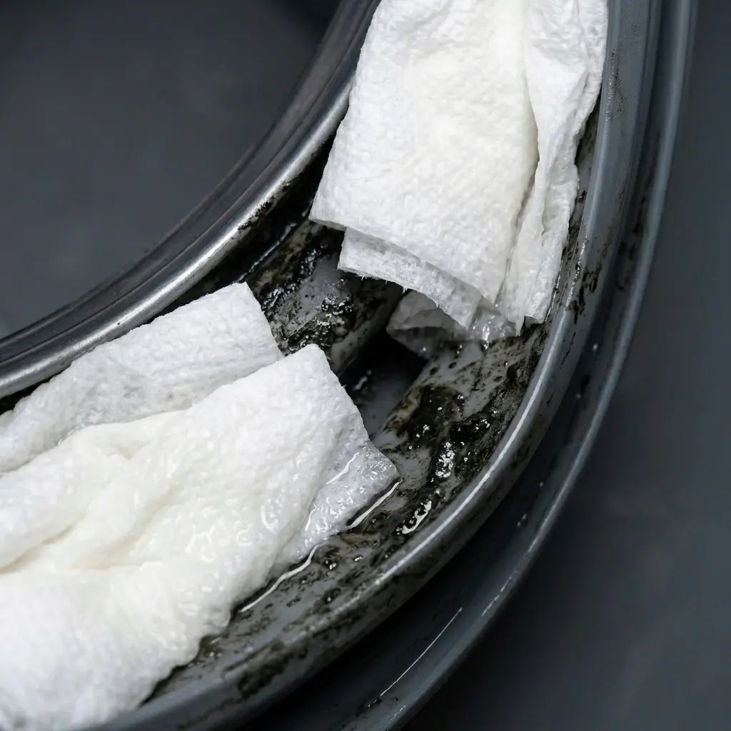 White paper towels soaked in bleach tucked into the folds of a washer seal.