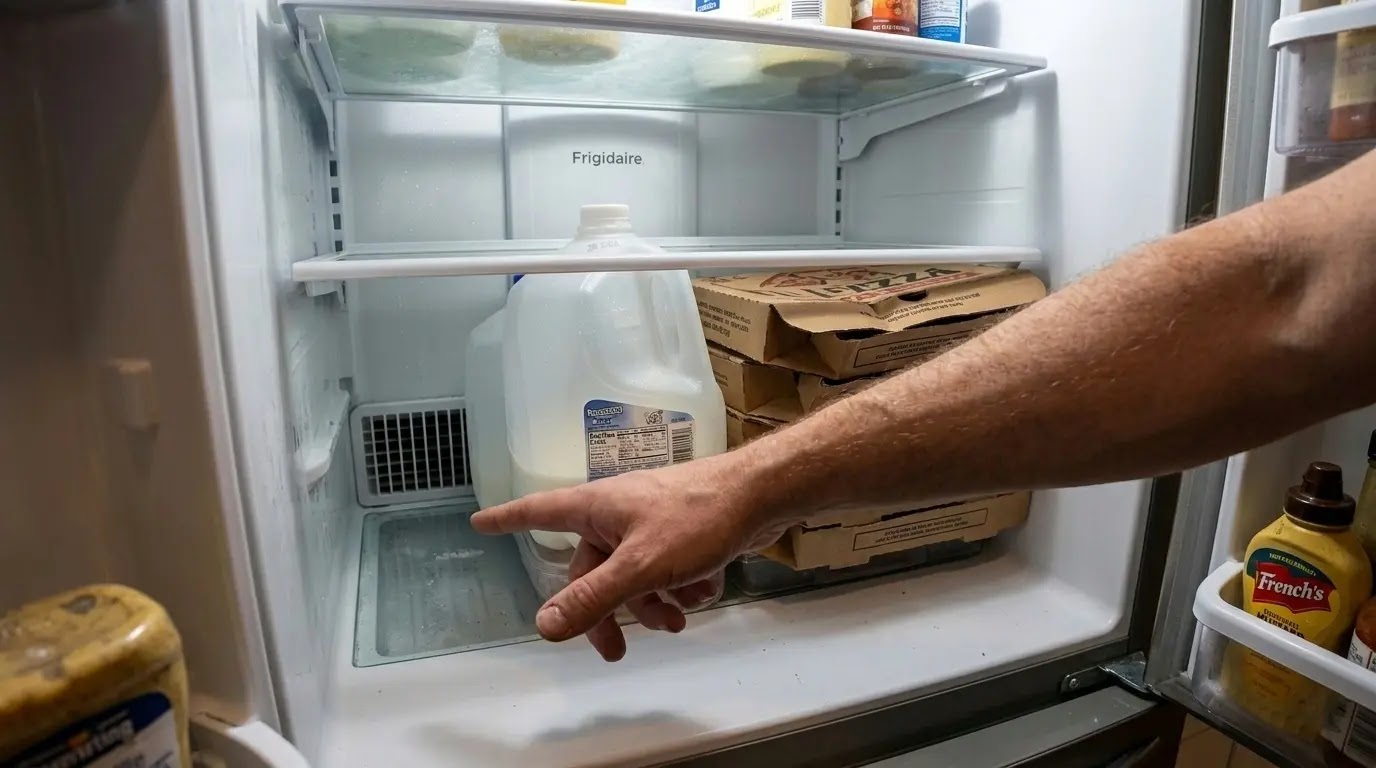 A hand pointing to a blocked return air vent at the bottom of a refrigerator.