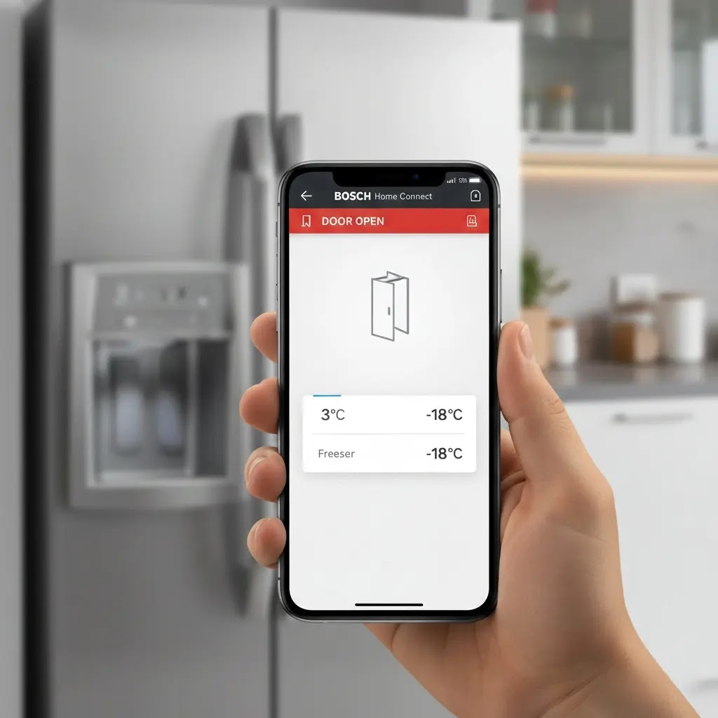 Smartphone displaying Bosch Home Connect app interface for refrigerator monitoring.