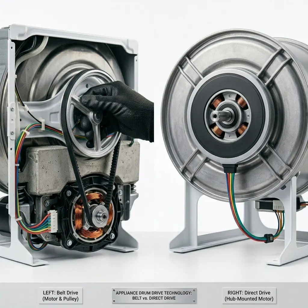 A professional studio shot comparing a belt-driven Bosch EcoSilence Drive motor side-by-side with a flat LG Direct Drive motor.