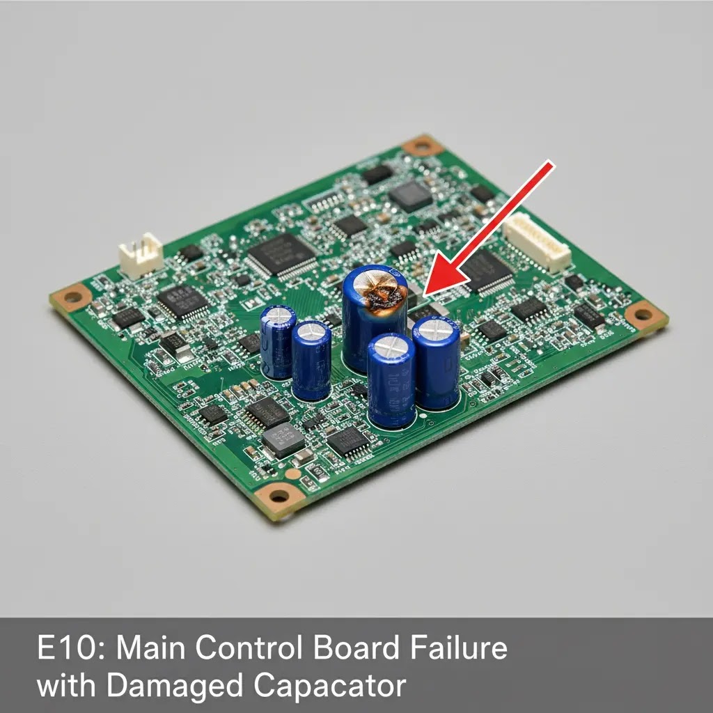 Main control board (PCB) of a Bosch refrigerator showing electronic components and capacitors.