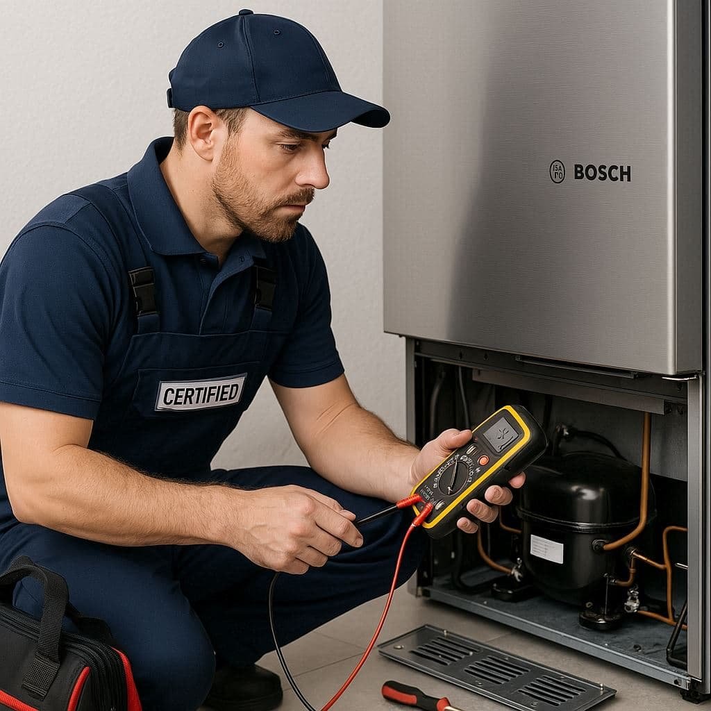 Technician diagnosing Bosch fridge issue