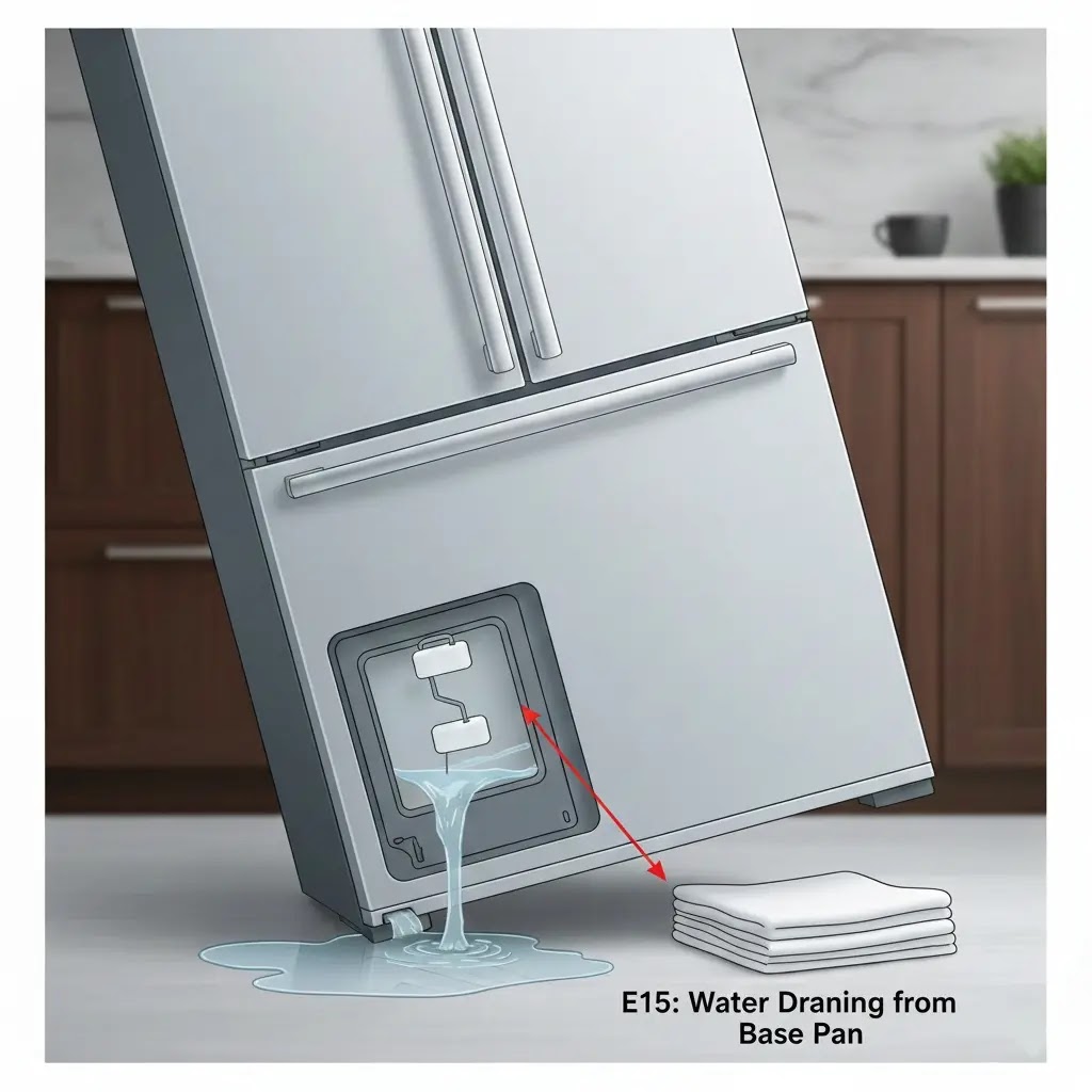 Smartphone photo of a person tilting a Bosch refrigerator back 45 degrees to drain water from the leak tray.