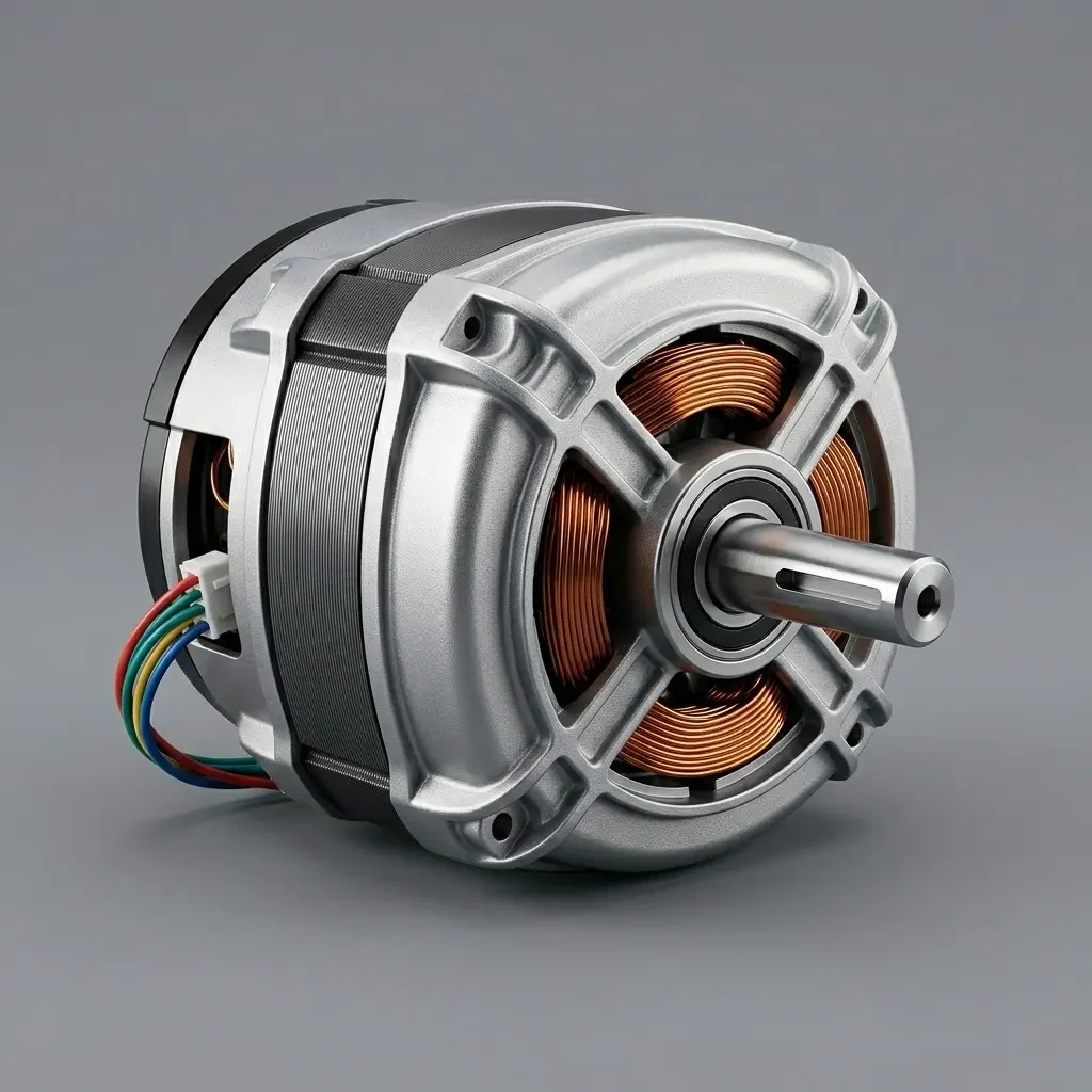 A high-end realistic 3D technical render of the brushless BLDC motor used in a Bosch washing machine EcoSilence Drive.