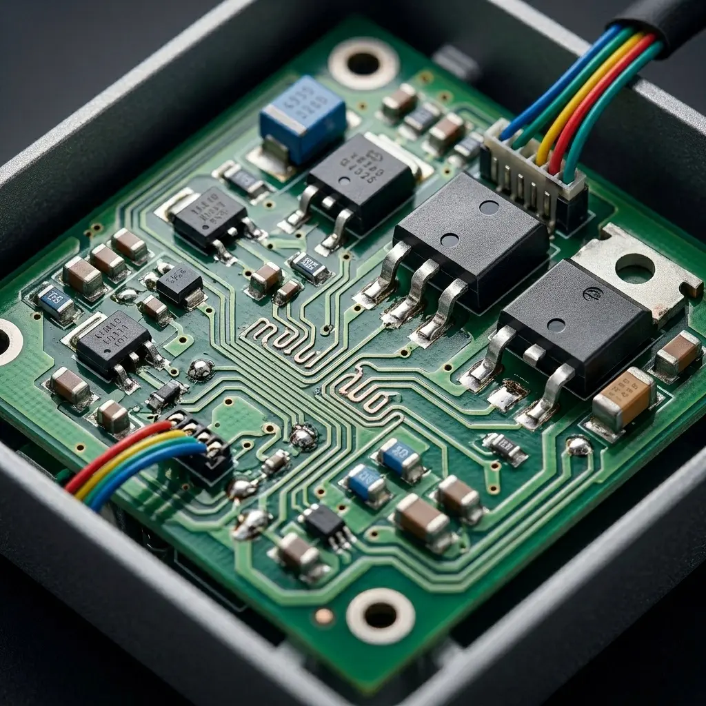 A close-up of a modern washing machine inverter PCB module showing electronic circuit boards and control chips.