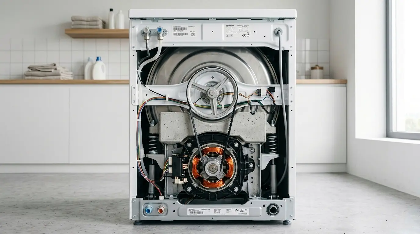 A professional review of the Bosch washing machine EcoSilence Drive motor highlighting its noise level and reliability.