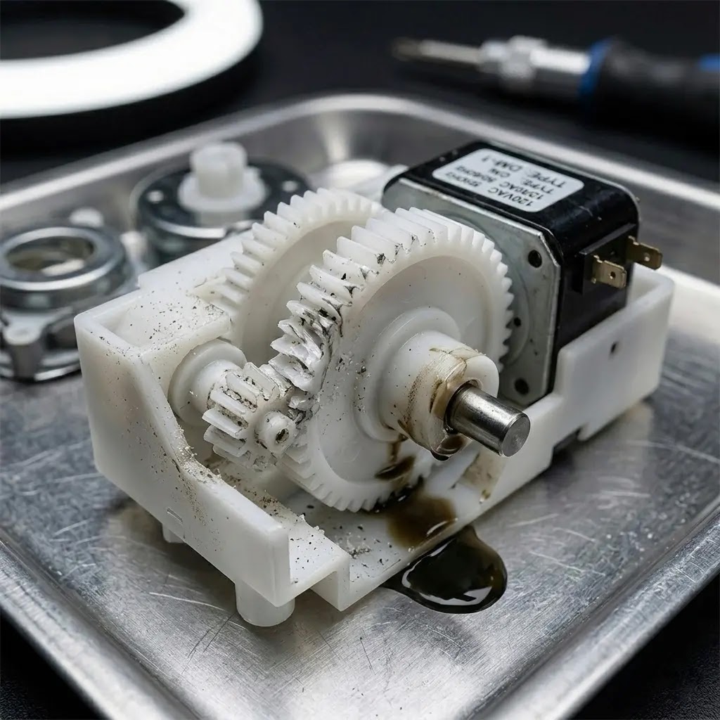 Close-up of a broken motorized air damper with stripped plastic gears.