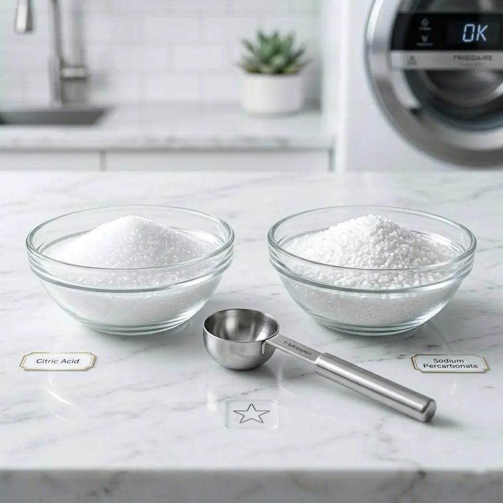 Professional grade Citric Acid and Sodium Percarbonate powders for machine cleaning.