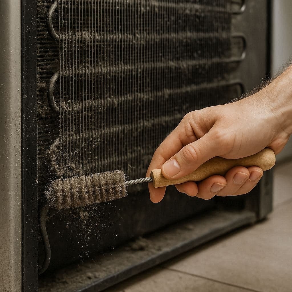 Cleaning refrigerator coils with a brush for better cooling efficiency