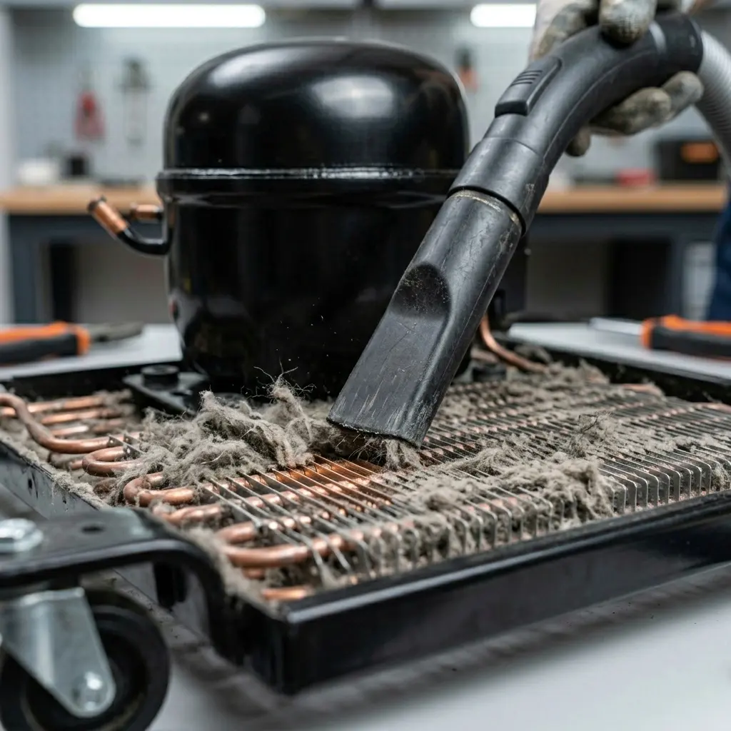 A homeowner using a vacuum cleaner hose to remove dust from dirty refrigerator condenser coils at the bottom of the unit.