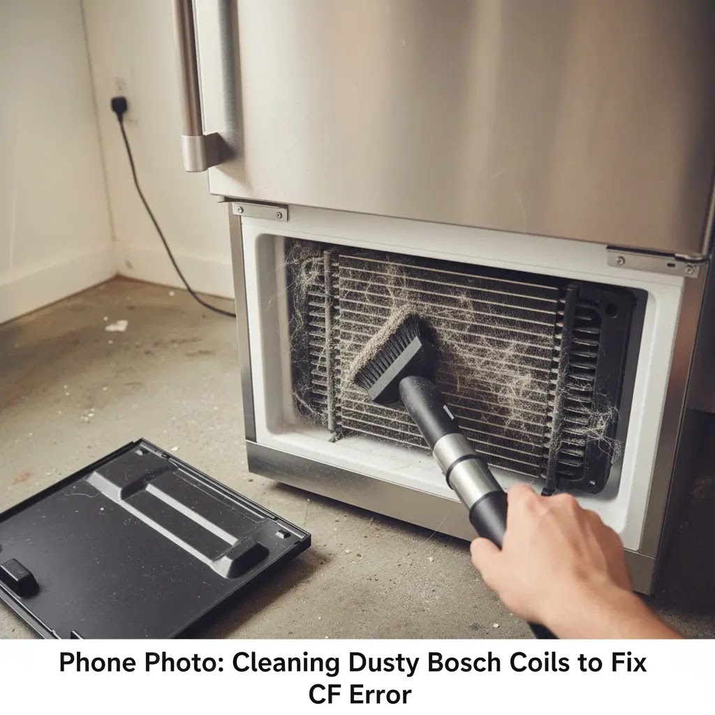 Smartphone photo of dusty refrigerator condenser coils being cleaned with a vacuum brush to fix CF error code.