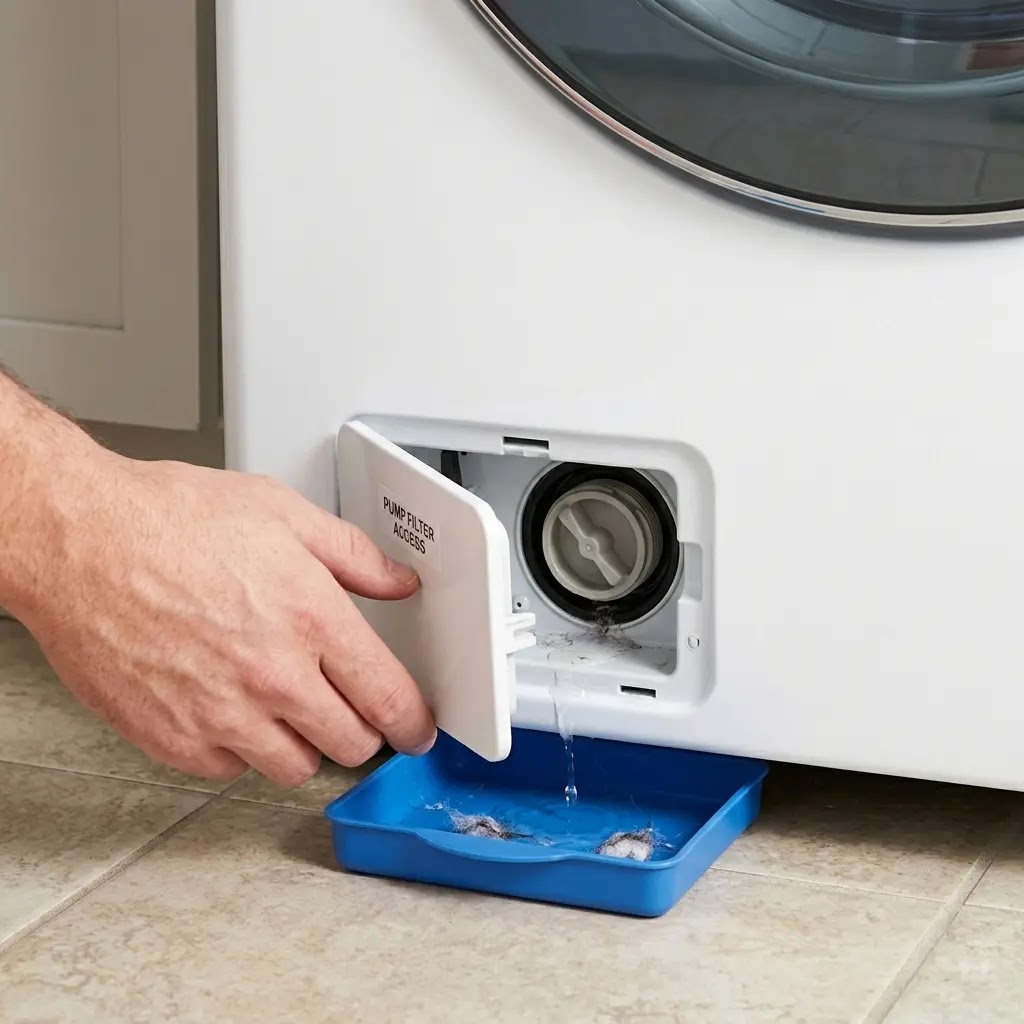 Step-by-step DIY maintenance of LG washing machine drain pump filter cleaning to prevent OE errors.