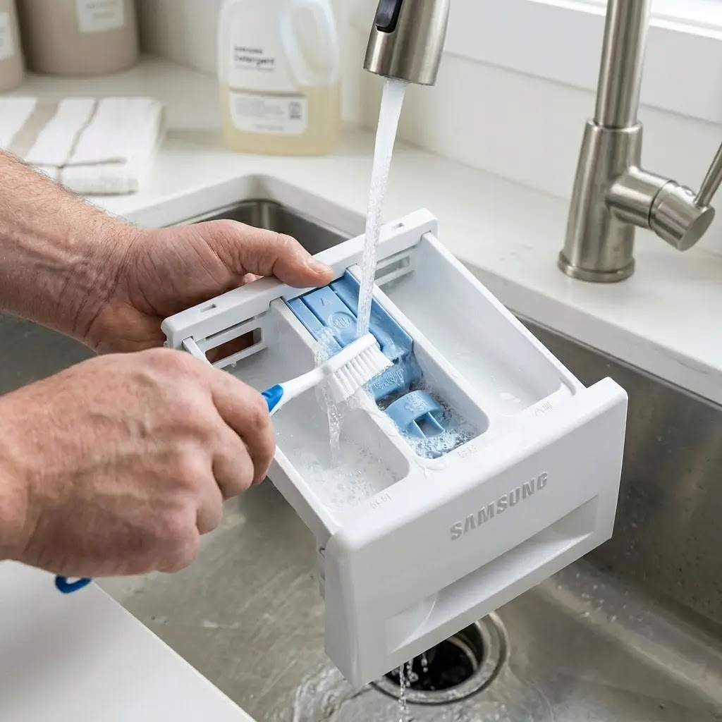 Cleaning the siphon caps and detergent drawer of a Samsung washing machine.