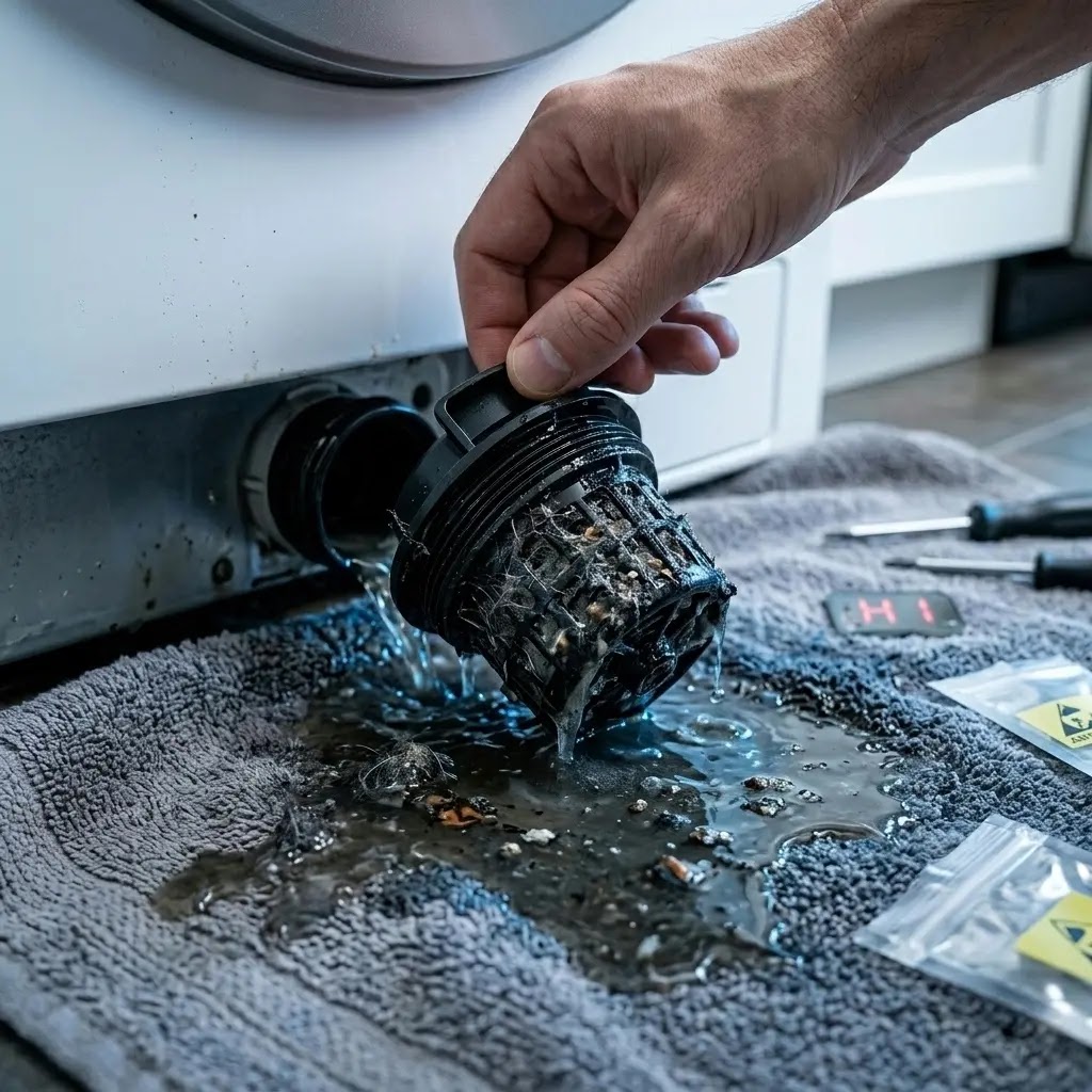 Technician removing a clogged drain filter from a washing machine with water leaking.