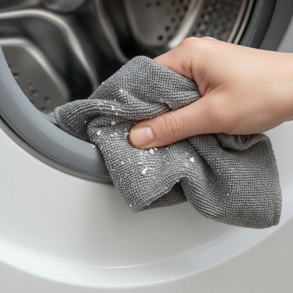Wiping the rubber gasket after a descaling cycle to remove loosened scale.