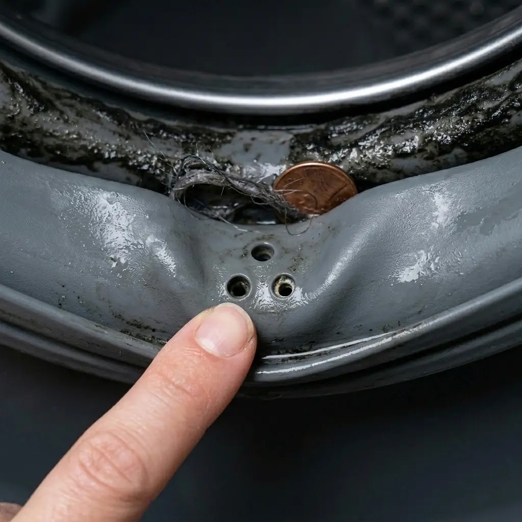 A hand pointing to the small drain holes at the bottom of a washer gasket.