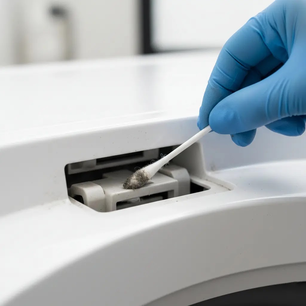 Cleaning the lid lock strike plate with a Q-tip and rubbing alcohol.
