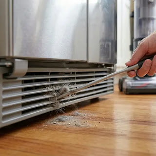 Cleaning the bottom condenser grille of a Whirlpool refrigerator to prevent overheating.