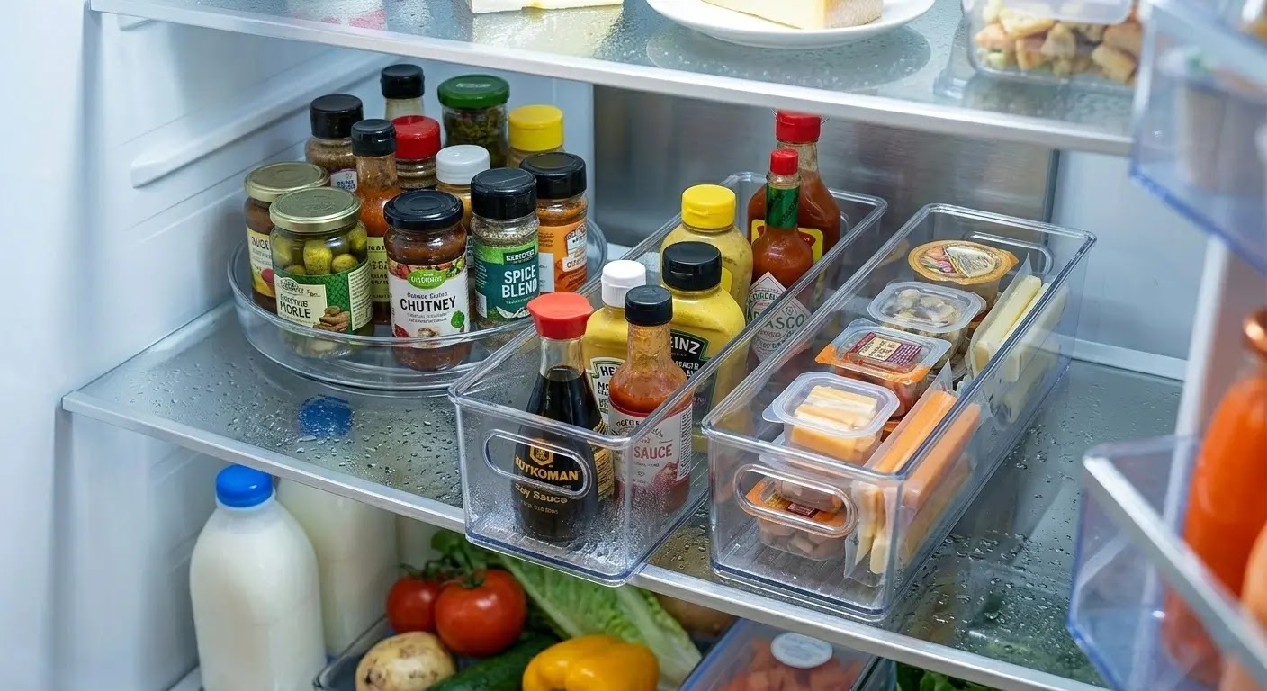 Slim clear bins and lazy susan for counter-depth fridge storage