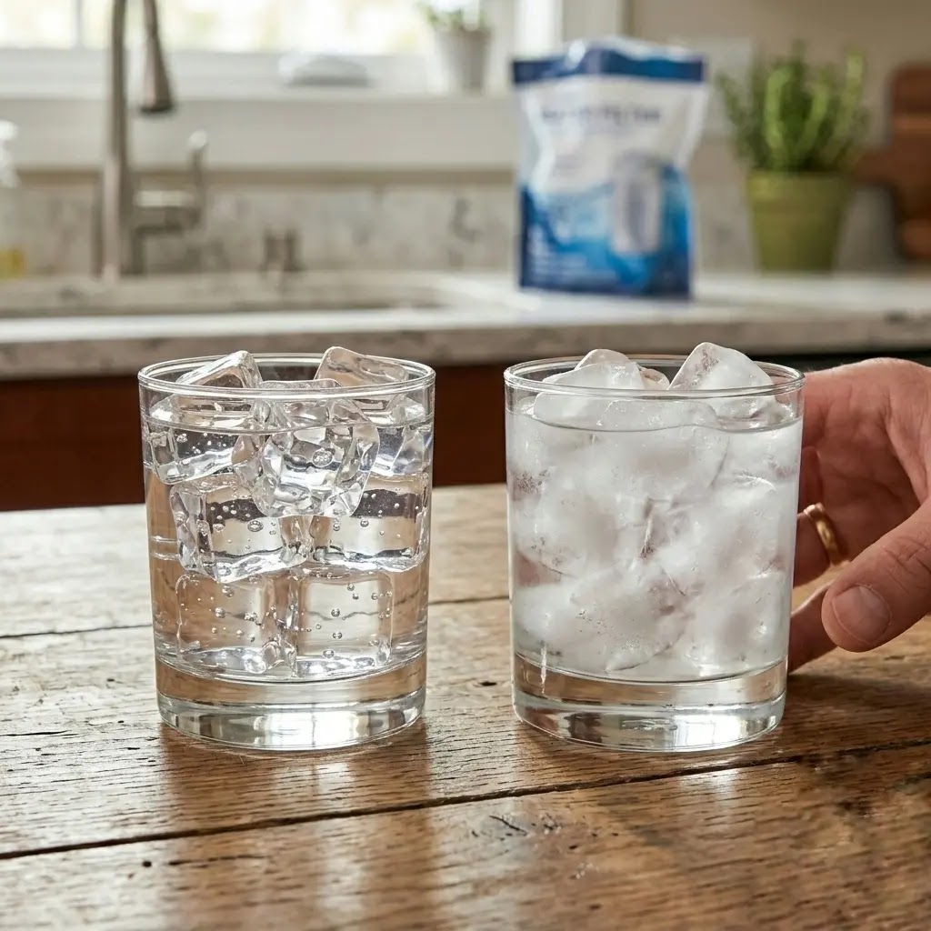 Comparison of cloudy ice vs clear ice cubes showing water filter exhaustion.