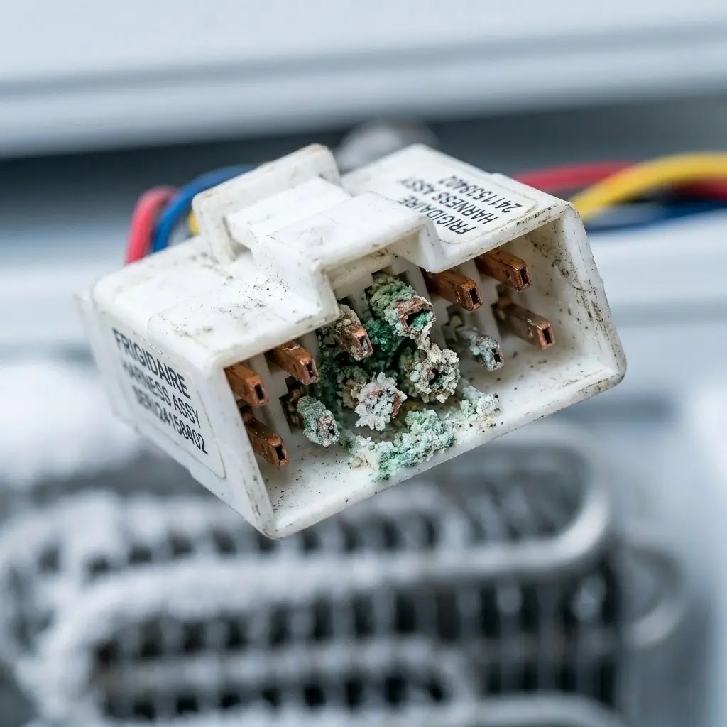 Extreme close-up of a white plastic wiring harness from a fridge door hinge showing green oxidation on the metal pins.