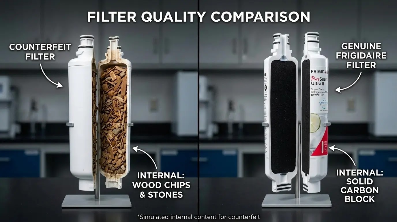 A split-screen showing the inside of a fake filter (rocks/dirt) vs. a real filter (carbon block).