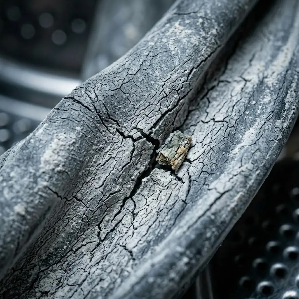 Macro photo of brittle, micro-cracked EPDM rubber door gasket on a washing machine.