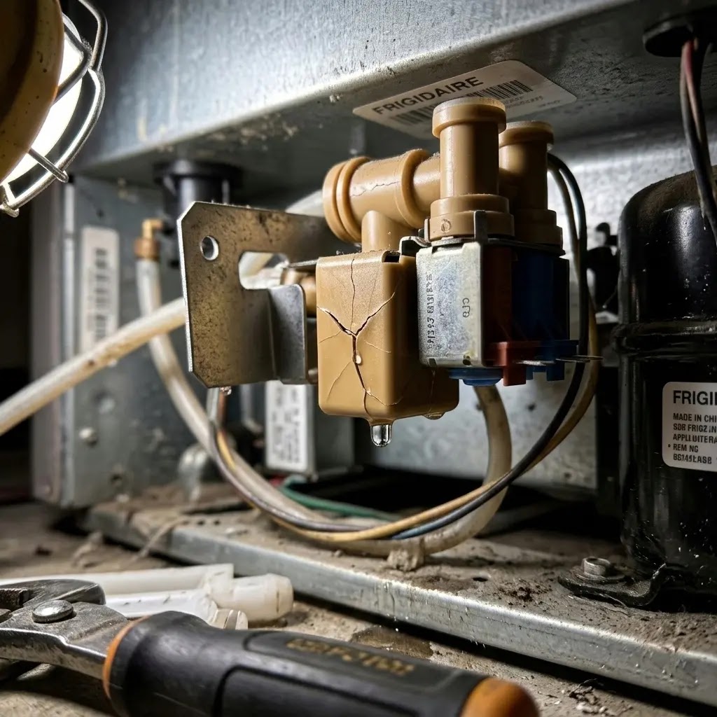A cracked plastic water inlet valve on the back of a refrigerator showing a slow drip.