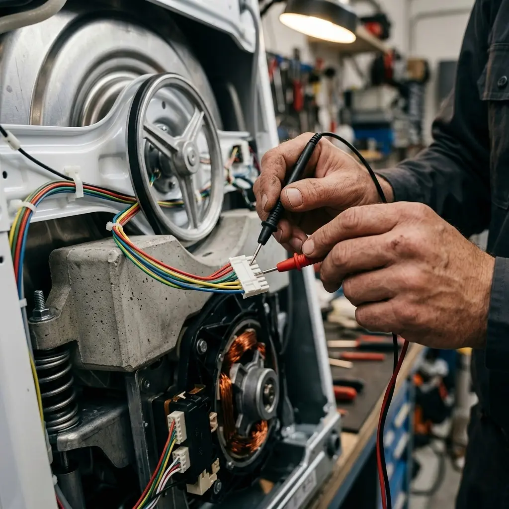 An appliance engineer removing the rear panel of a Bosch washing machine to test the EcoSilence Drive electronics with a multimeter.