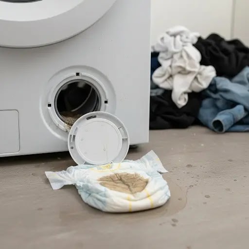 Using diaper to absorb dirty water while draining washing machine filter.