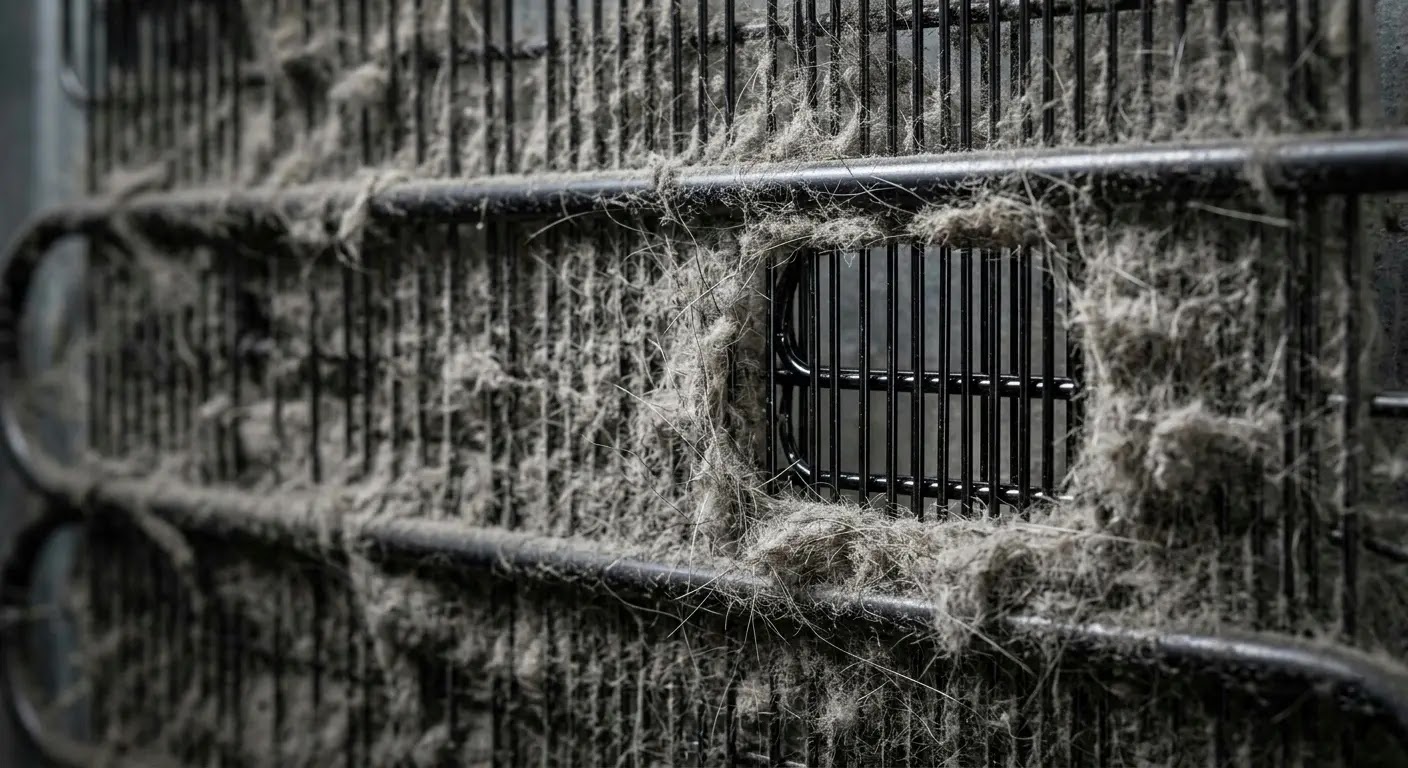 Close-up of thick dust and pet hair covering refrigerator condenser coils