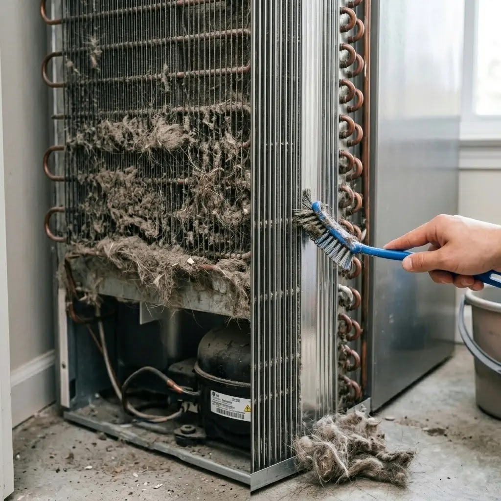 Close-up of dust-clogged condenser coils on a Lowe's refrigerator needing cleaning.