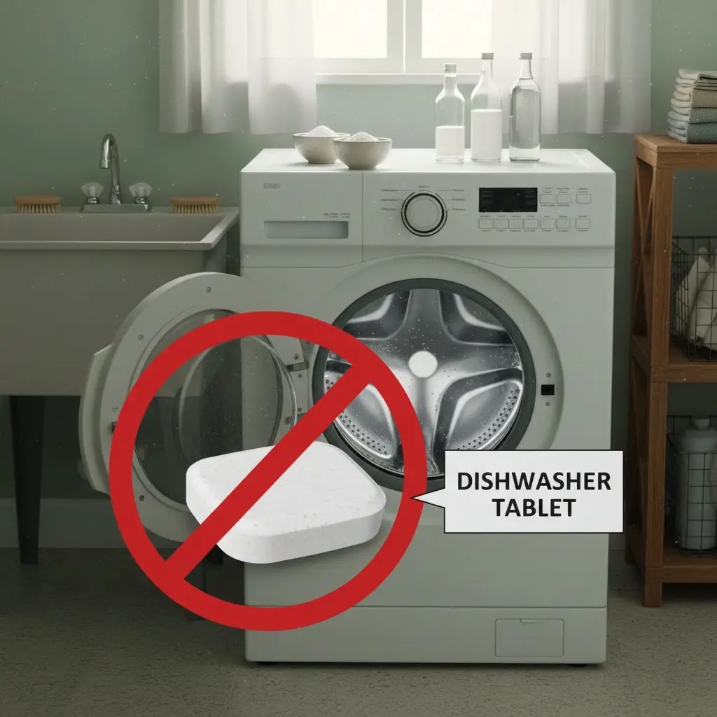 Dishwasher tablet inside washing machine shown as unsafe cleaning method.