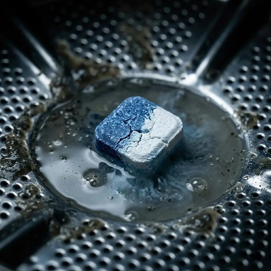 A cleaning tablet partially dissolved in a shallow puddle of dirty water.