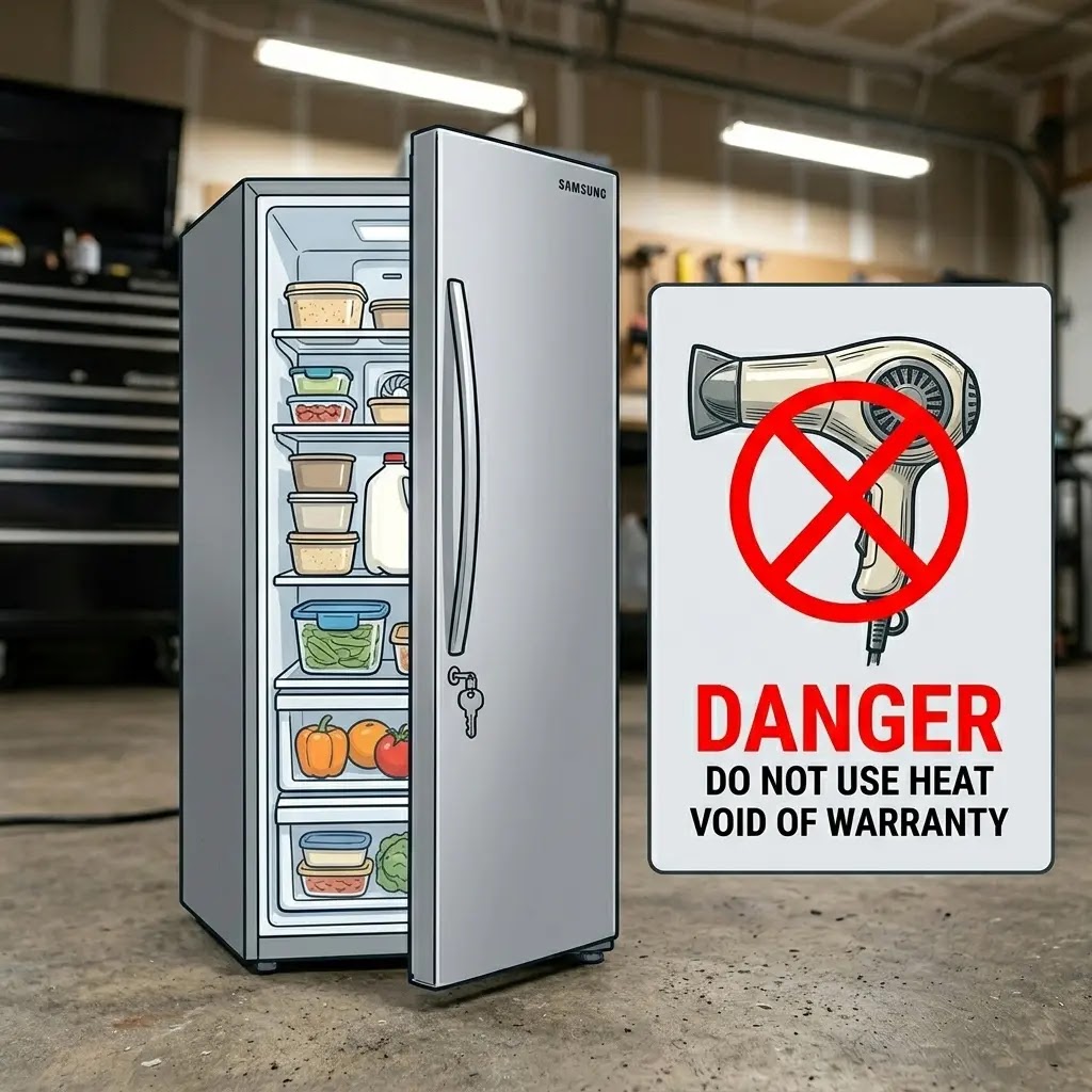 Warning: Do not use a hairdryer to defrost a Samsung refrigerator.