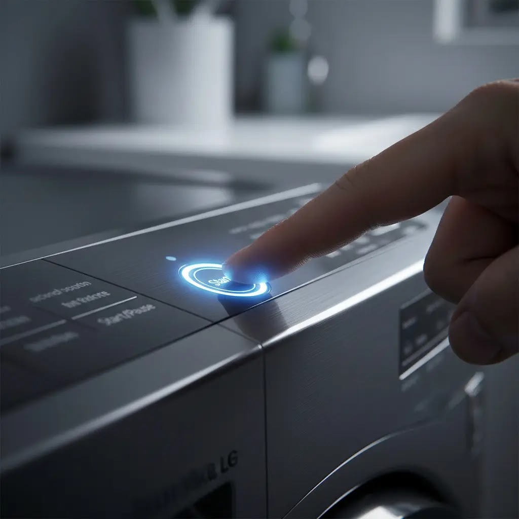 Technician holding the start pause button on LG washer to drain residual static electricity