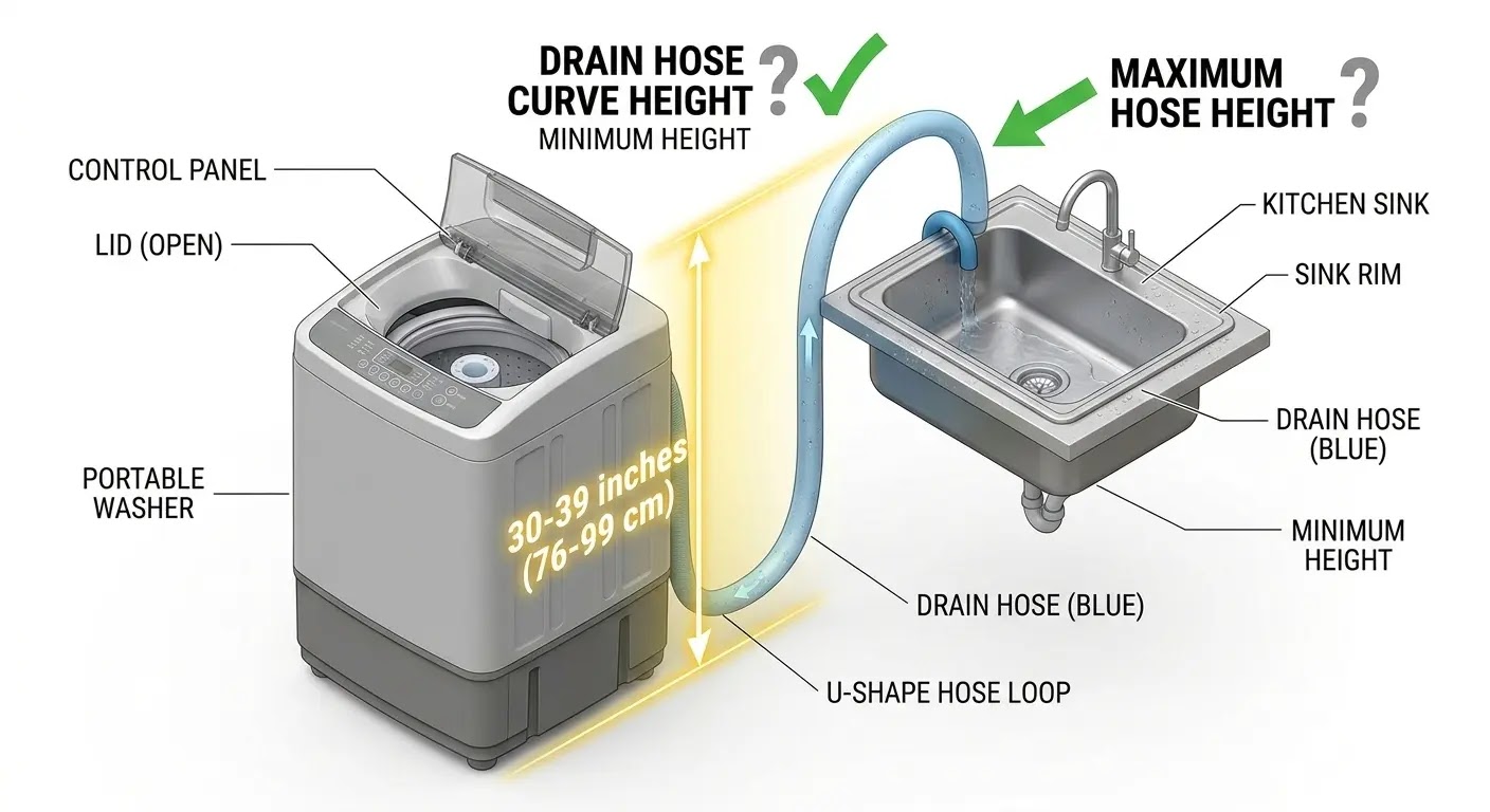 Diagram of correct 30-inch U-loop height for a portable washer drain hose